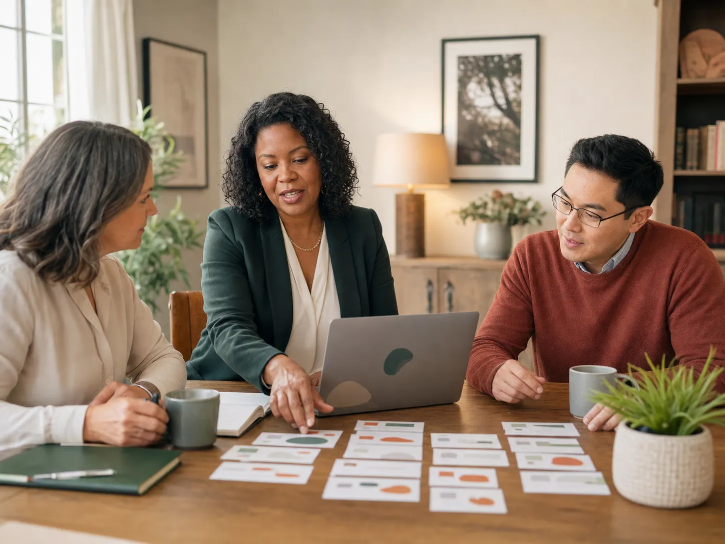A diverse admissions team arranging a senior living follow-up workflow together
