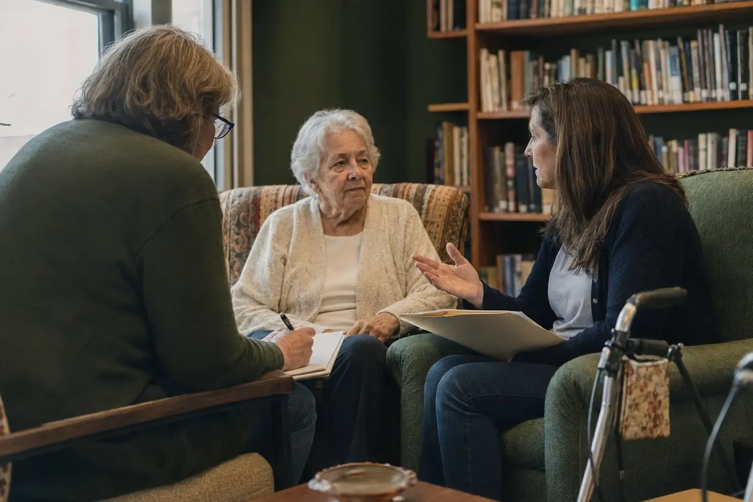 An admissions counselor listening to an older prospective resident and her adult daughter in a community library