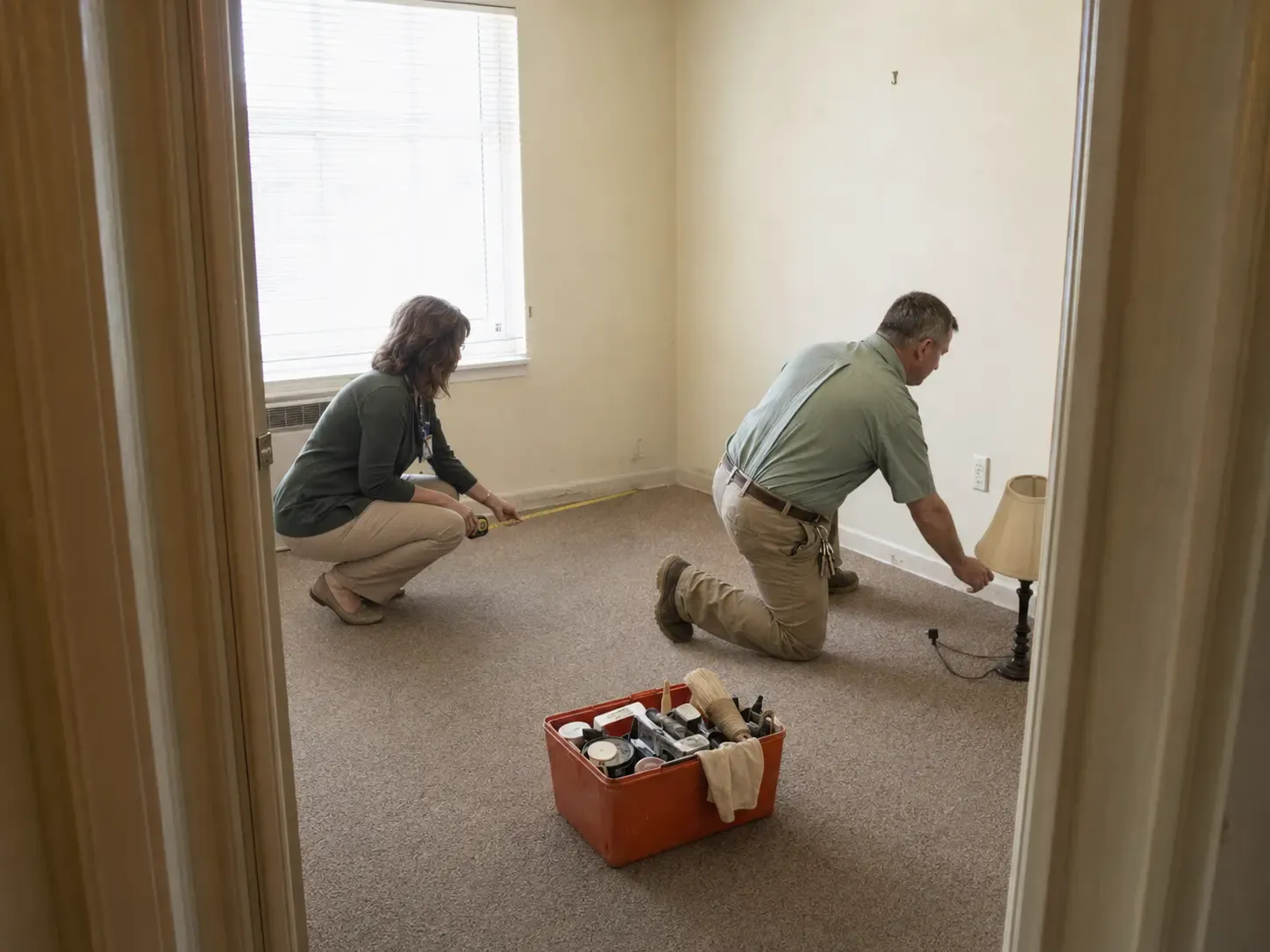 A community director and maintenance lead measuring an assisted living apartment before a family visit