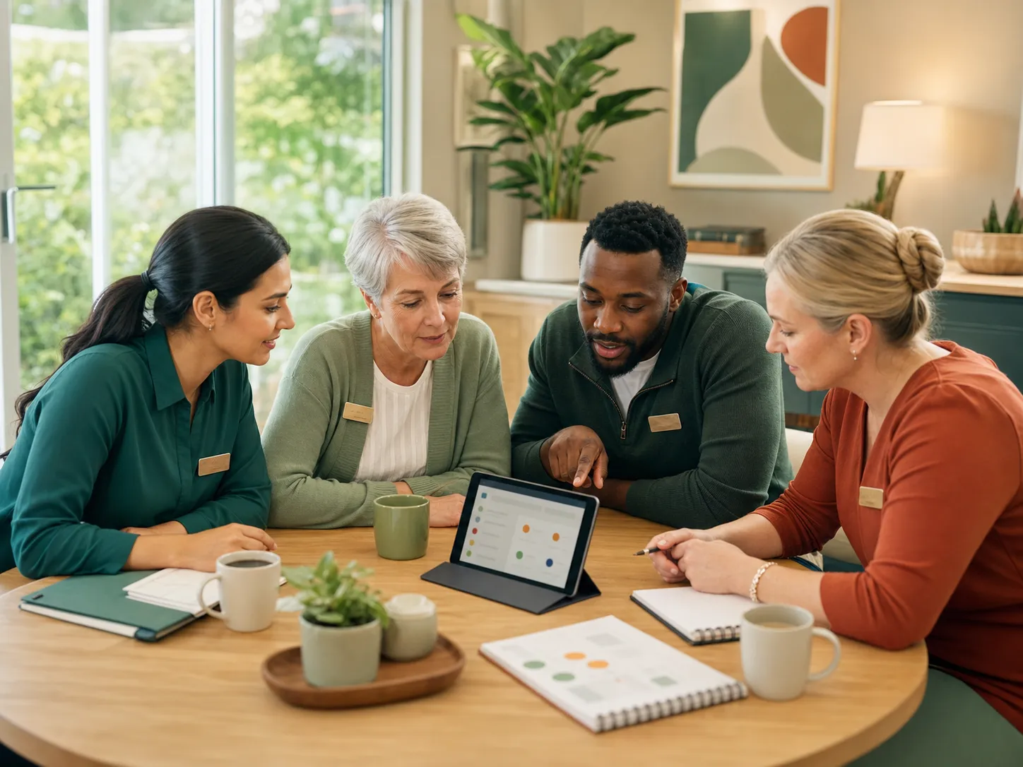 A diverse senior living admissions team reviewing the day’s priorities together