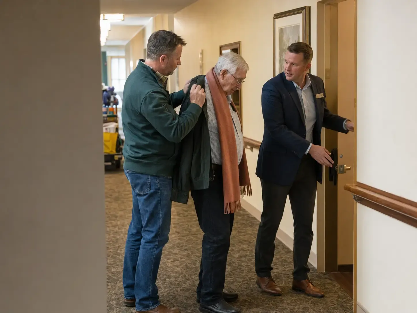 A sales director holding a hallway door while a son helps his older father during a community tour