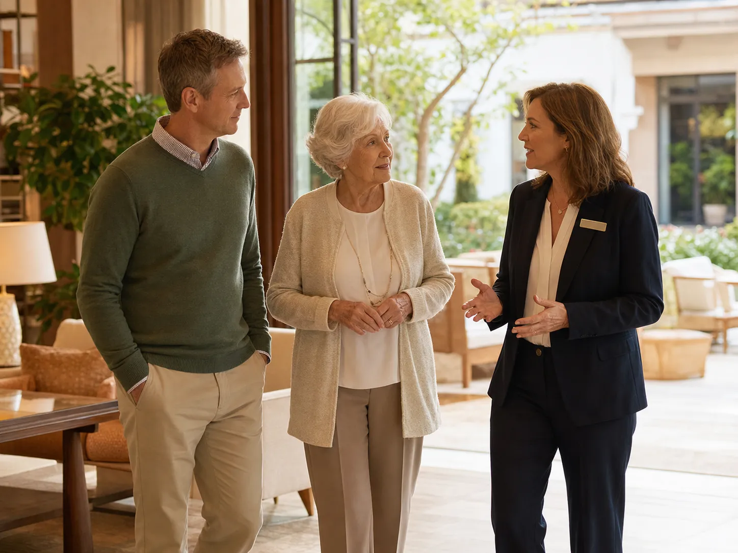 An older woman and her adult son speaking with an admissions director during a community tour