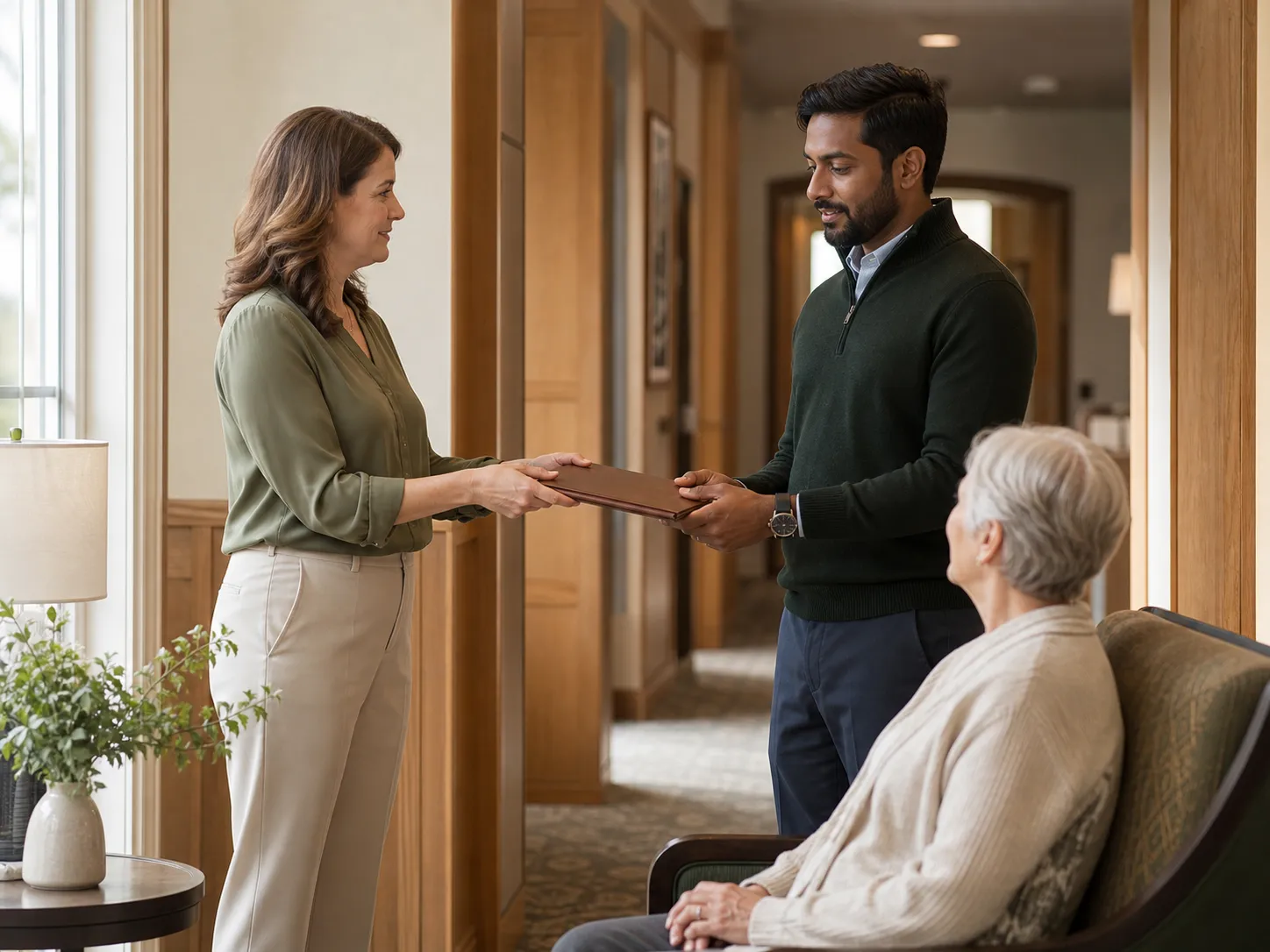 An admissions coordinator handing a sensitive inquiry to a resident-services colleague