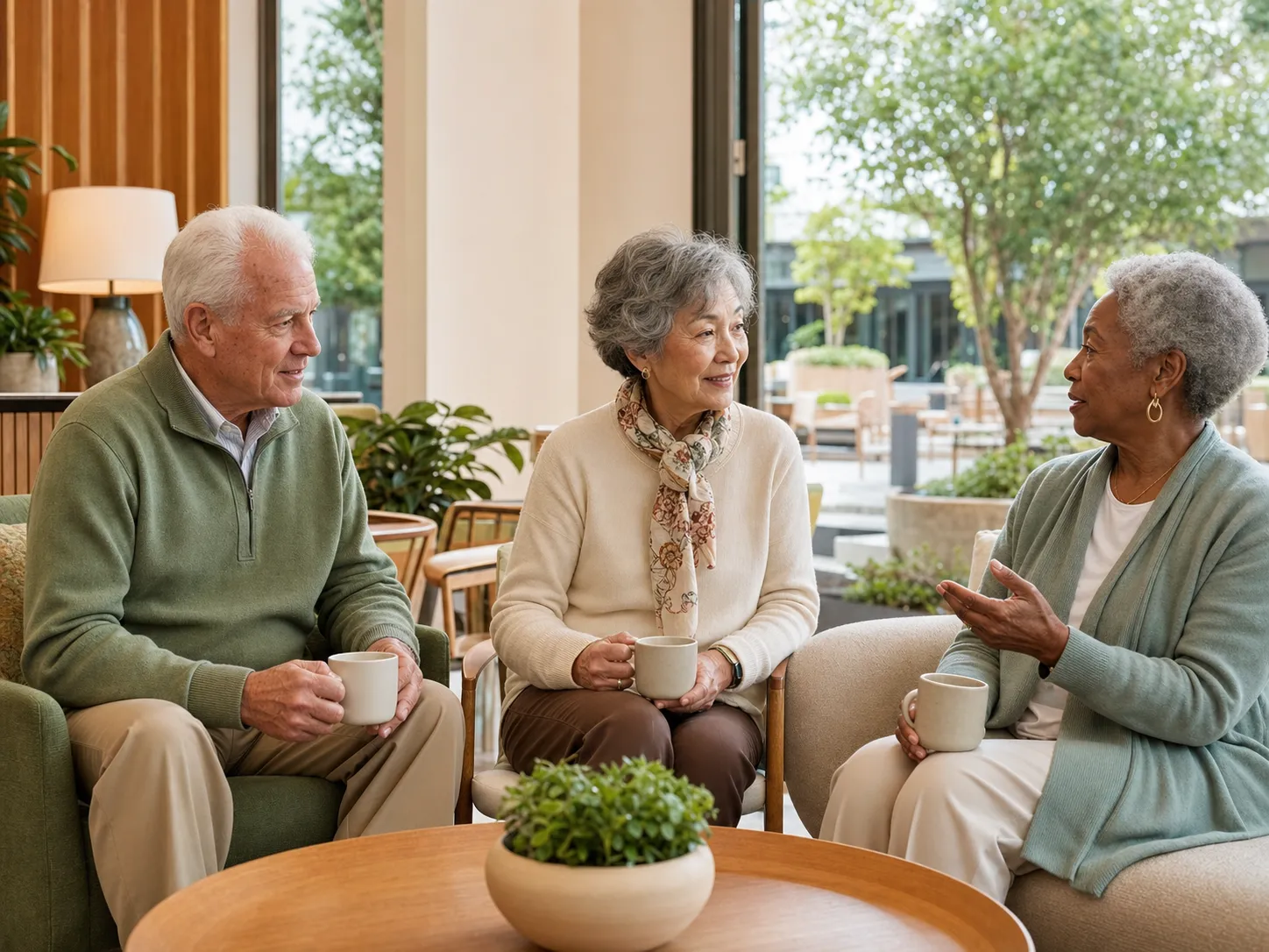 Three older friends sharing coffee and conversation in a bright community lounge