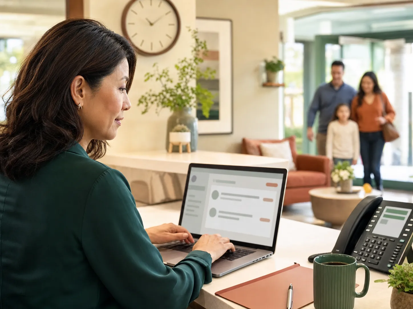 An admissions coordinator promptly responding to a new senior living inquiry
