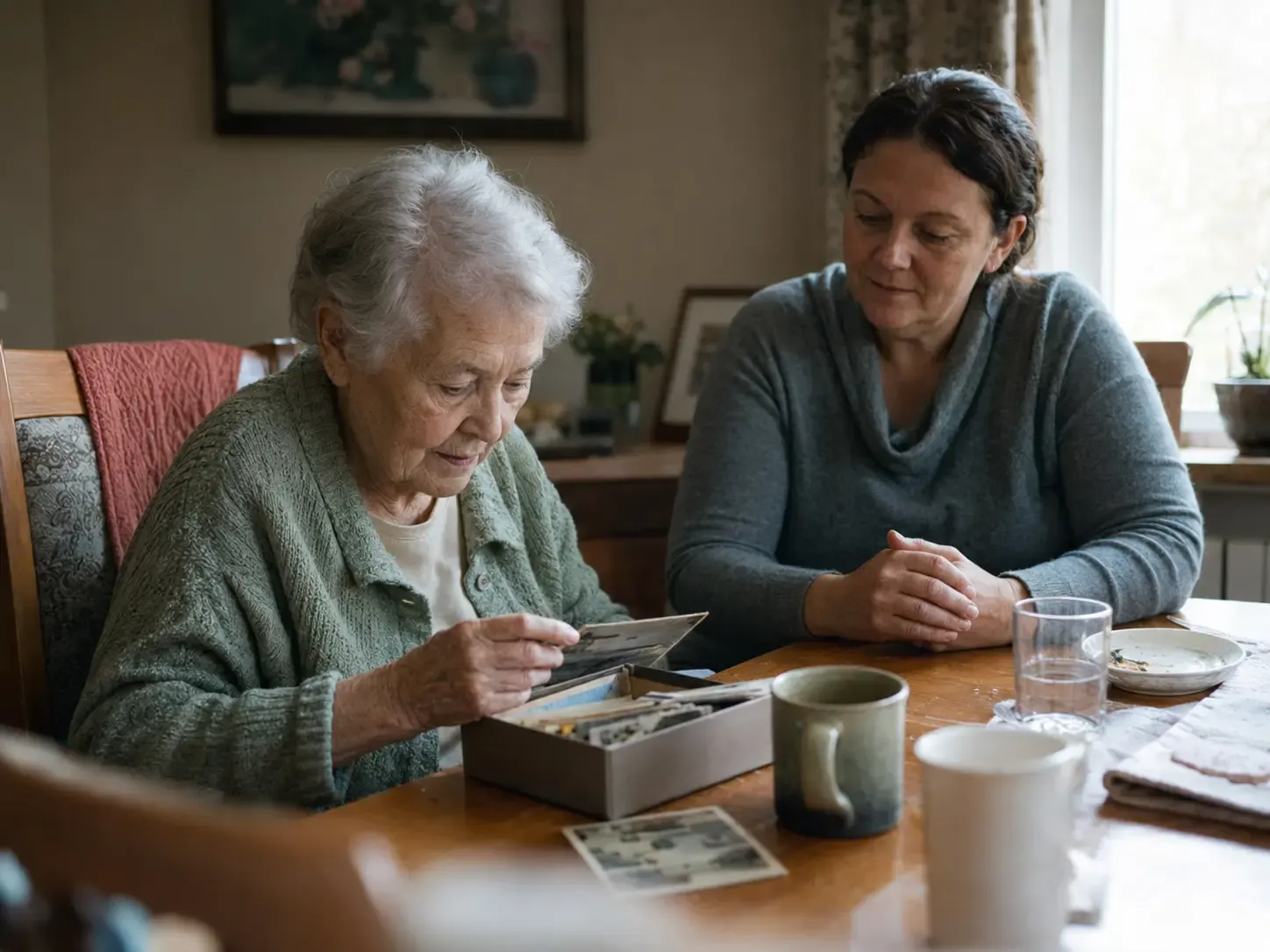 An older woman looking through old postcards with a familiar care partner