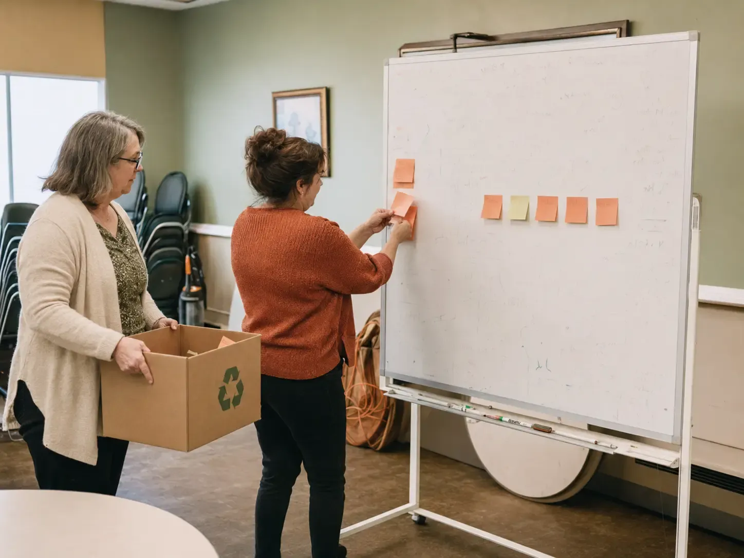 Two community leaders simplifying an admissions workflow on a mobile whiteboard
