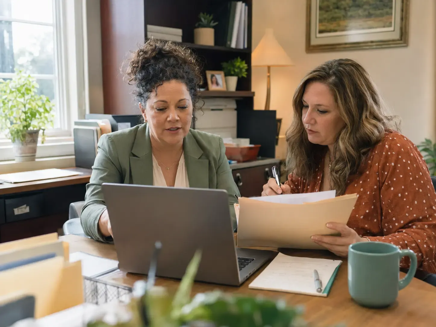 Two small-community leaders reviewing inquiry notes and sales software in a working office