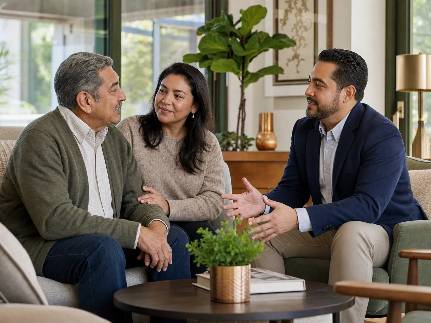 A Hispanic older man and his daughter speaking with an admissions professional during a community visit
